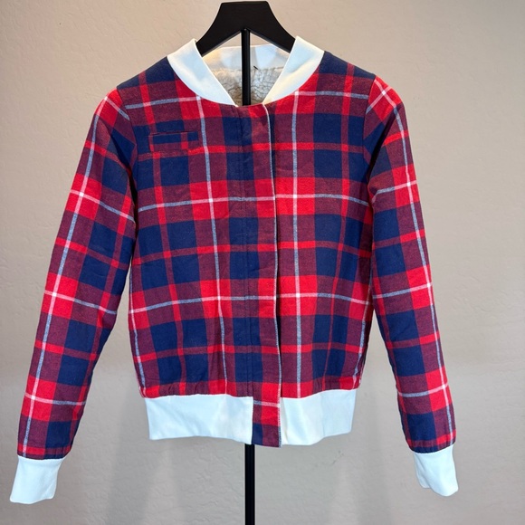 Reversible Sherpa/Plaid Bomber Jacket - Red/Blue/White and Sherpa. Size- XS - Picture 4 of 13